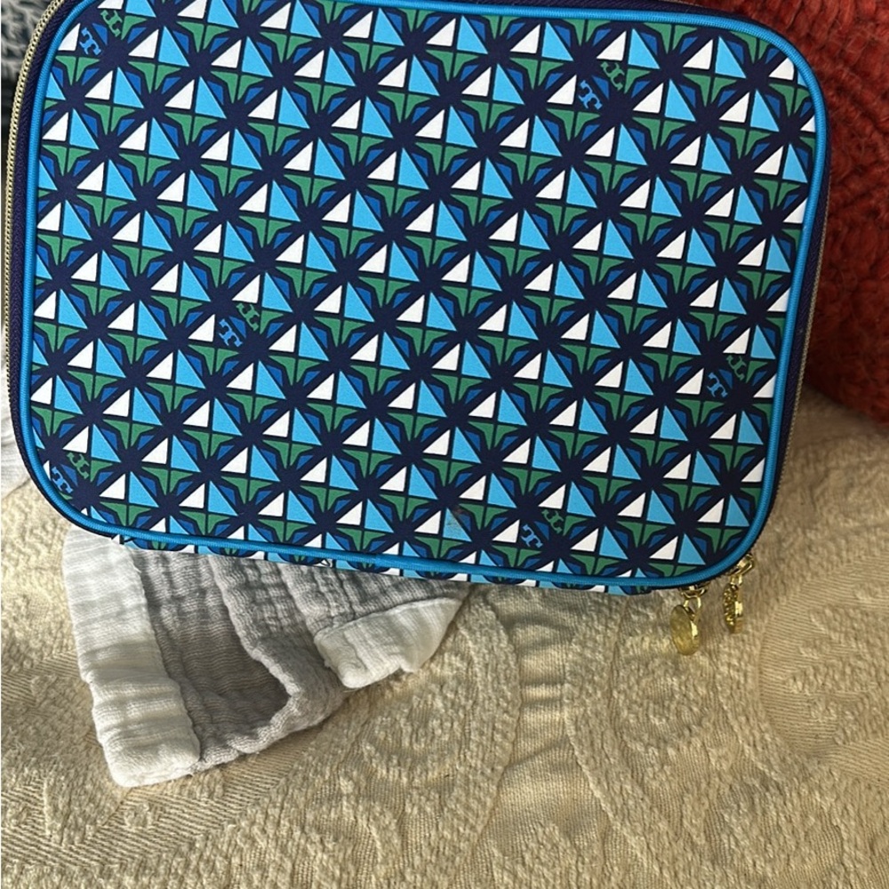 Tory Burch Blue and Green Travel Bag with Geometric Design Lunchbox